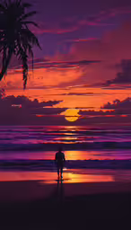 a person walking down the beach with a surfboard at sunset,a man walking on the beach at sunset