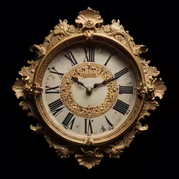 a clock with gold ornaments on the face of it