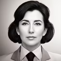 a black and white photo of a lady in a dress shirt