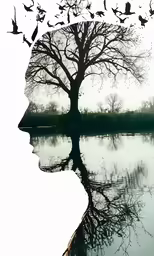a tree that has birds flying out of it