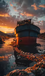 an old boat sits on land at sunset