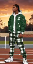 a person in plaid pants is standing on a track,a man in a green and white sweat suit