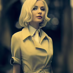 a woman in a blond blouse with a ponytail is looking off into the distance