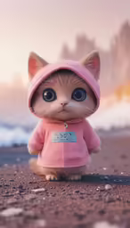 small cat in pink coat and hood sitting on beach