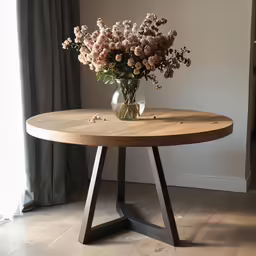this circular dining table has flowers in a vase