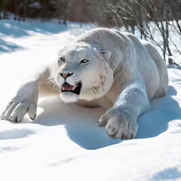 a white tiger with long, claws out in the snow