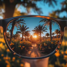 reflection of palm trees in sunglasses reflecting the setting sun