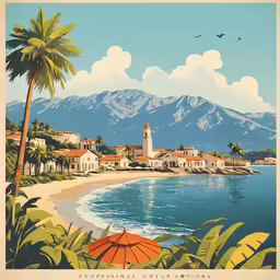 an old travel poster with a beach scene