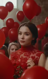 a woman in a red dress standing in front of a bunch of balloons