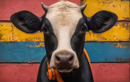 the cow has a bell on its neck