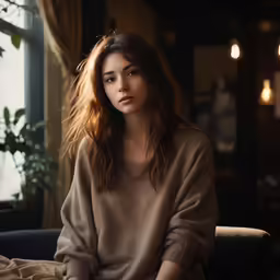 a beautiful young lady in a tan sweater sits on a sofa in the living room