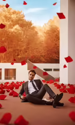 the man is sitting on the floor in the middle of falling red petals