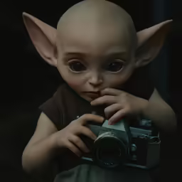 an odd eyed, stuffed doll holding a camera