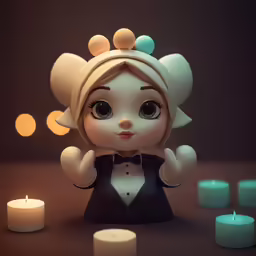 a doll with candles in the background