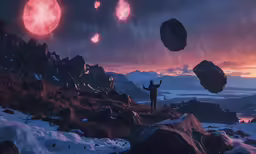 the man is standing on top of a mountain with the moon in the distance