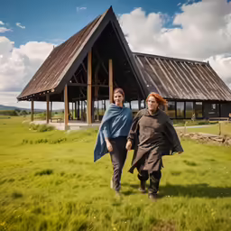two people are in front of a wooden structure