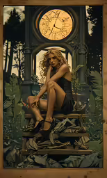 a lady sitting on top of a bench next to a clock tower