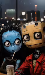 a robot head next to a blue and yellow doll