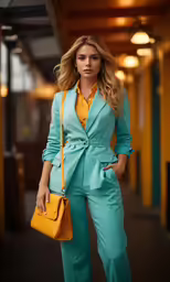 a woman in bright blue clothes and heels stands by the stairs