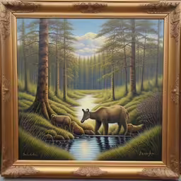 a painting is shown as if of a moose in the forest,an art piece with animals in the woods by a stream,a painting in frame depicting deer and geese by a stream,an oil painting of a moose and four sheep in a forest with stream,an acrylic painting of animals and fish by a forest stream