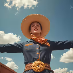 a woman in a hat is posing with her hands behind her back