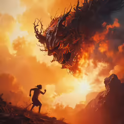 a man and a woman are running past a dragon with two heads