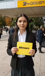 a girl in a suit holding a yellow sign