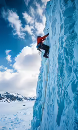 a person is climbing down a snowy hill