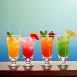 a group of five different kinds of drink