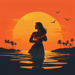 a painting of a woman standing at the end of a pier at sunset,a woman standing in the water with her back to the camera as the sun is setting