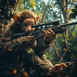 a person in the woods with an armed rifle