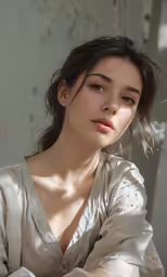 a beautiful woman in a white shirt posing for a photograph