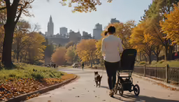 a person is walking with a dog in a stroller