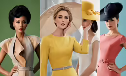 a series of models with hats wearing different colored outfits