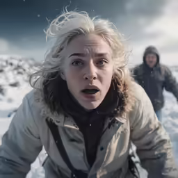 two people in the snow with their faces open