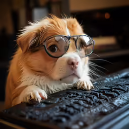 a cute little dog with glasses on and wet eyes