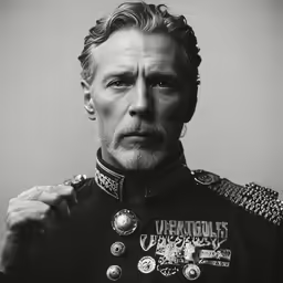 man in military uniform holding up a cigarette