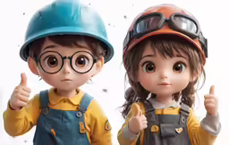 two small doll with helmets are posing for a photo