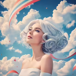 woman with gray hair and clouds