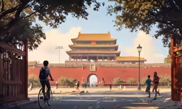 a boy riding a bike down a path next to a building