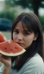 a woman is holding a slice of watermelon