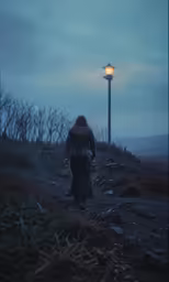 a woman walking down a path with a light on