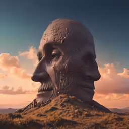 a very big head standing on top of a hill