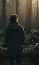 a person wearing a coat and looking into the woods