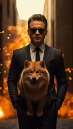 the man in a suit holds his large dog on his shoulders