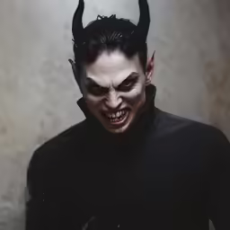 there is a male monster dressed up in devil costume