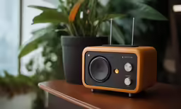 a clock - panel radio and a potted plant