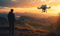 a man watching the sun set over some hills and hills