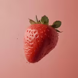 a fresh strawberry falling in mid air, with drops on its outside