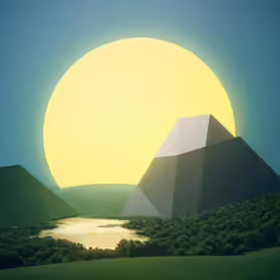 a painting of three pyramids sitting in the foreground